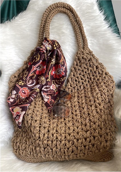 El Örgüsü Bej Hasır Çanta, Yazlık, Astarlı, Hafif ve Şık, 100% Pamuk