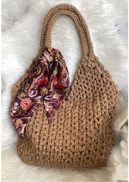 El Örgüsü Bej Hasır Çanta, Yazlık, Astarlı, Hafif ve Şık, 100% Pamuk modelleri