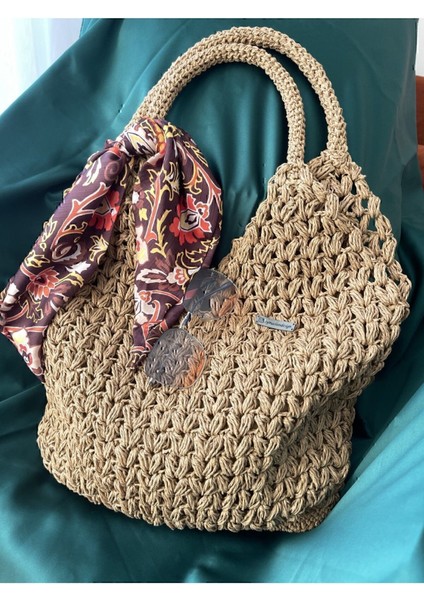 El Örgüsü Bej Hasır Çanta, Yazlık, Astarlı, Hafif ve Şık, 100% Pamuk fırsatları