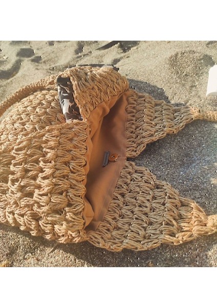 El Örgüsü Bej Hasır Çanta, Yazlık, Astarlı, Hafif ve Şık, 100% Pamuk indirimleri