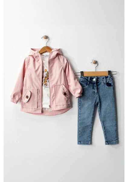 Fermuarlı Cep Detaylı Renkli Astarlı Trençkotlu Kız Çocuk 3 lü takım - Pembe