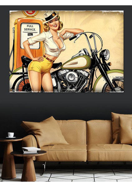 Retro Motorlu Kadın Dekoratif Kanvas - Mdf Ahşap Tablo