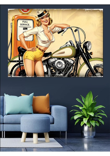 Retro Motorlu Kadın Dekoratif Kanvas - Mdf Ahşap Tablo fiyatları