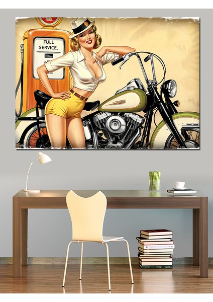 Retro Motorlu Kadın Dekoratif Kanvas - Mdf Ahşap Tablo fırsatları