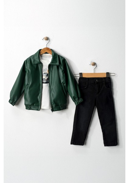 Astarlı Yumuşak Deri Trençkotlu Erkek Çocuk 3 lü takım - Yeşil