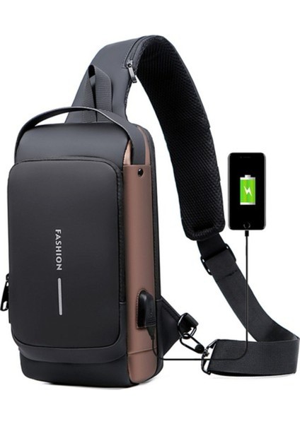 Siyah erkek omuz çantası, USB şarj portlu, şık ve fonksiyonel tasarım