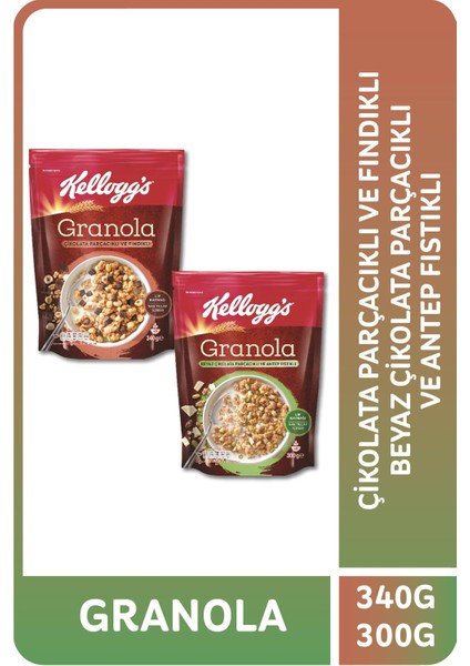 Granola Çikolata Parçacıklı Fındıklı 340 G ve Antep Fıstıklı Beyaz Çikolatalı 300 G