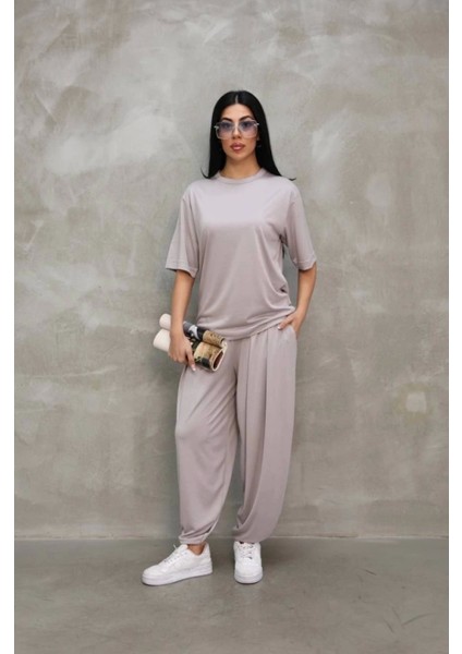 Osy Modal Yumuşak Dokulu Kumaş Oversize Bisiklet Yaka Tshirt Jogger Eşofman Altı Eşofman Takımı