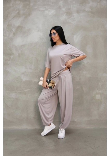 Osy Modal Yumuşak Dokulu Kumaş Oversize Bisiklet Yaka Tshirt Jogger Eşofman Altı Eşofman Takımı