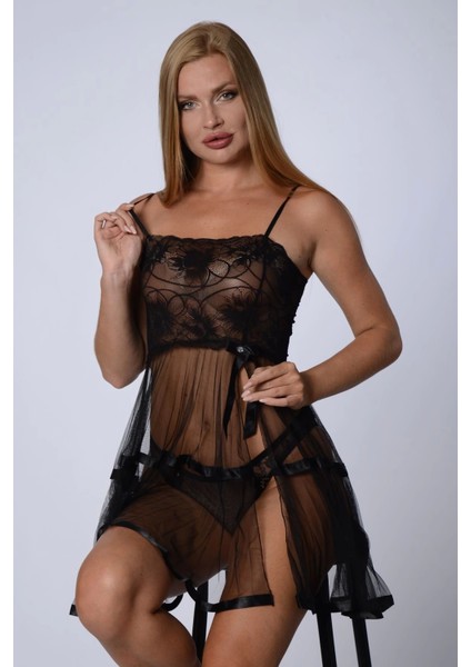 Miraxx Siyah Şifon Pileli GECELIK-835