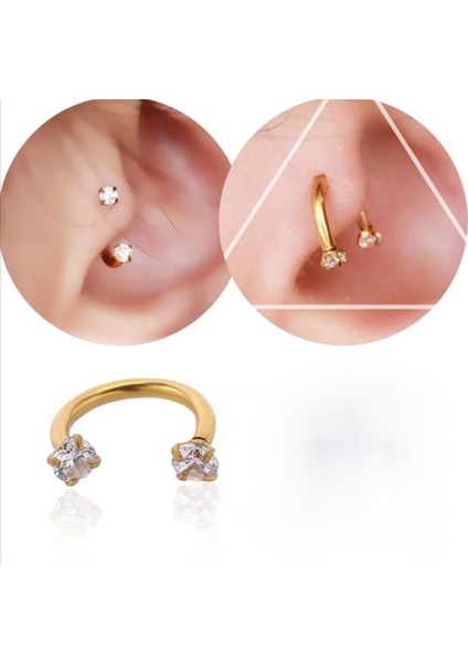 Cerrahi Çelik Zirkon Taşlı Gold At Nalı Piercing Çap 6 mm -Rook, Tragus-1 adet