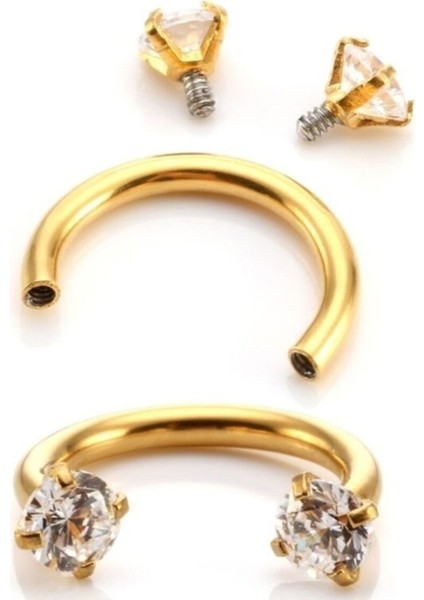 Cerrahi Çelik Zirkon Taşlı Gold At Nalı Piercing Çap 6 mm -Rook, Tragus-1 adet