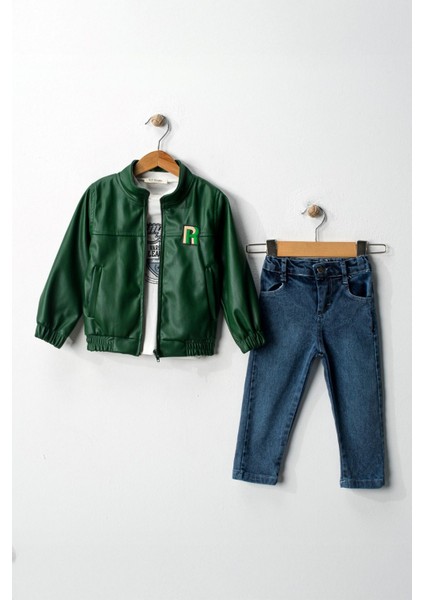 R Armalı Astarlı Yumuşak Deri Trençkotlu Erkek Çocuk 3 lü takım - Yeşil
