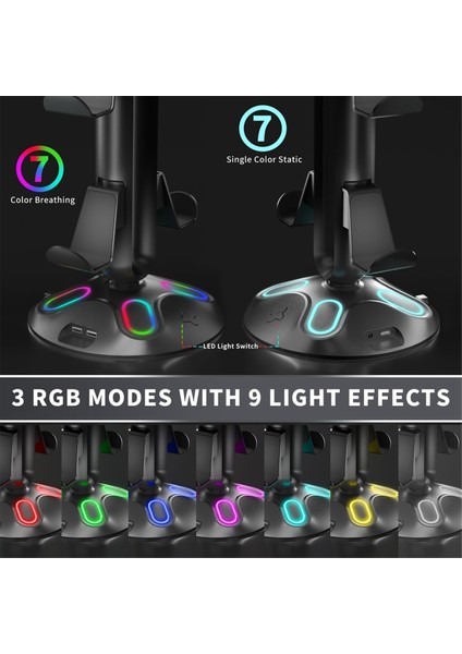 Oyun Rgb Kulaklık Standı, Kontrol Cihazı Tutucu - 2 USB Şarj Portu ve 3,5 mm ve Type-C ile Kulaklık Standı (Yurt Dışından) modelleri