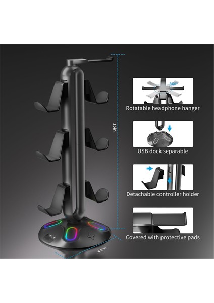 Oyun Rgb Kulaklık Standı, Kontrol Cihazı Tutucu - 2 USB Şarj Portu ve 3,5 mm ve Type-C ile Kulaklık Standı (Yurt Dışından) indirimleri