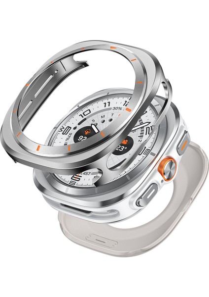 Samsung Galaxy Watch Ultra 47MM Saat Kılıfı Alüminyum Alaşım + Pc Koruyucu Kapak - Gri + Turuncu (Yurt Dışından)
