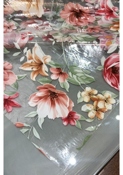 Pvc Şeffaf kendinden desenli Masa Örtüsü çiçek 1186-4