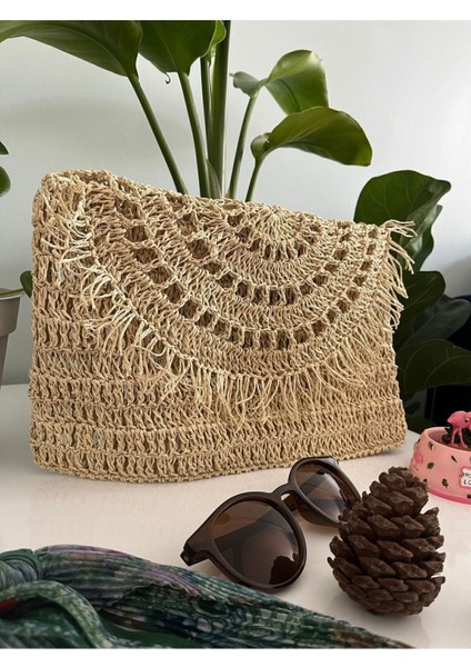 El yapımı dikdörtgen hasır ipli şık çanta, püsküllü, haki renk, büyük boy