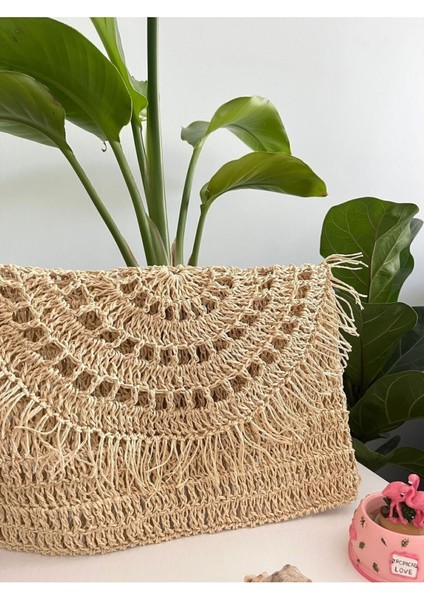El yapımı dikdörtgen hasır ipli şık çanta, püsküllü, haki renk, büyük boy fiyatları