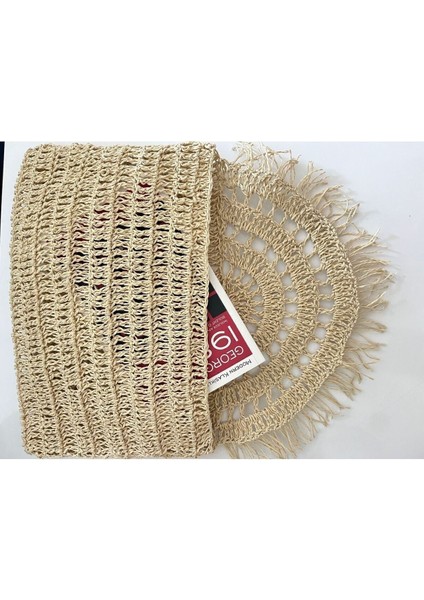 El yapımı dikdörtgen hasır ipli şık çanta, püsküllü, haki renk, büyük boy modelleri