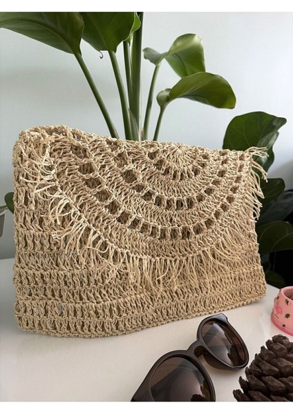 El yapımı dikdörtgen hasır ipli şık çanta, püsküllü, haki renk, büyük boy fırsatları