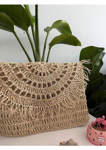El yapımı dikdörtgen hasır ipli şık çanta, püsküllü, haki renk, büyük boy indirimleri