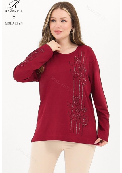 Kadın Orta Yaş Ve Üzeri Viskon Şerit Desen Taşlı Işlemeli Likralı Bordo Anne Penye Bluz