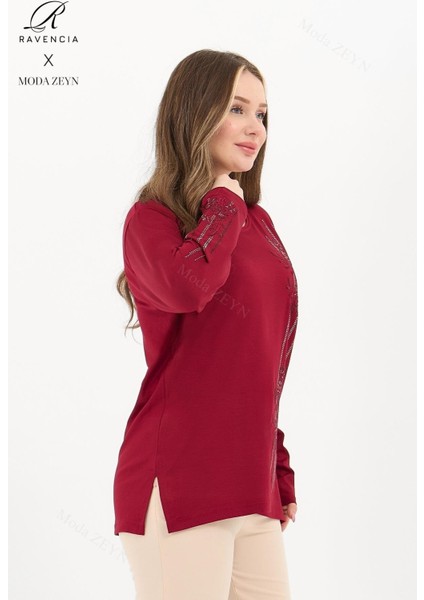 Kadın Orta Yaş Ve Üzeri Viskon Şerit Desen Taşlı Işlemeli Likralı Bordo Anne Penye Bluz fiyatları
