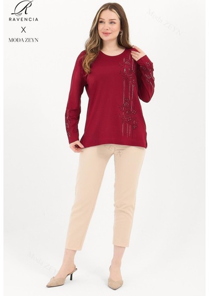 Kadın Orta Yaş Ve Üzeri Viskon Şerit Desen Taşlı Işlemeli Likralı Bordo Anne Penye Bluz modelleri