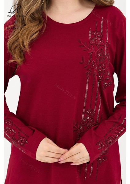 Kadın Orta Yaş Ve Üzeri Viskon Şerit Desen Taşlı Işlemeli Likralı Bordo Anne Penye Bluz fırsatları
