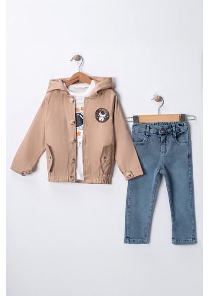 Astronot Armalı Düğmeli Keten Trençkotlu Erkek Çocuk 3 lü takım - Bej