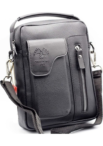 Erkek Orta Boy Siyah Suni Deri El ve Omuz Askılı Şık Çanta