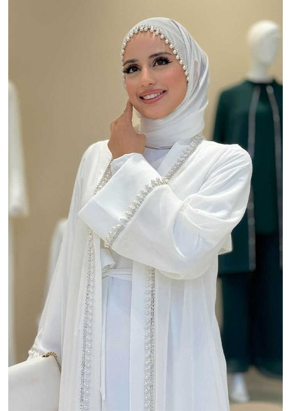 Inci Detaylı Abaya Elbise Takım 8493 Ekru fırsatları