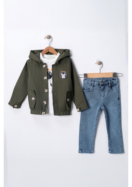 Astronot Armalı Düğmeli Keten Trençkotlu Erkek Çocuk 3 lü takım - Haki