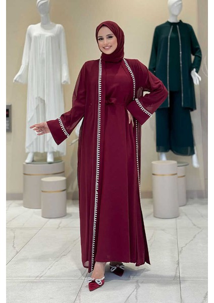 Inci Detaylı Abaya Elbise Takım 8493 Bordo