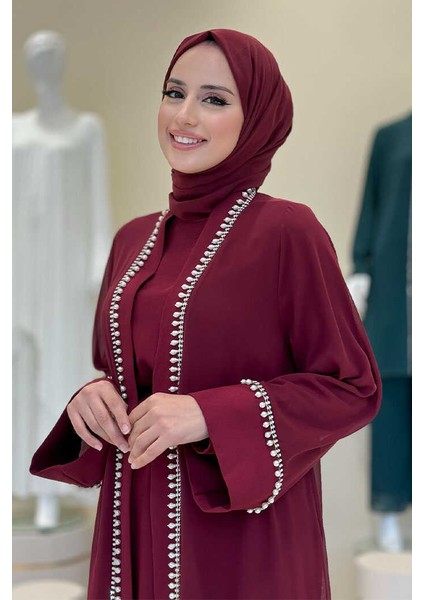 Inci Detaylı Abaya Elbise Takım 8493 Bordo fırsatları