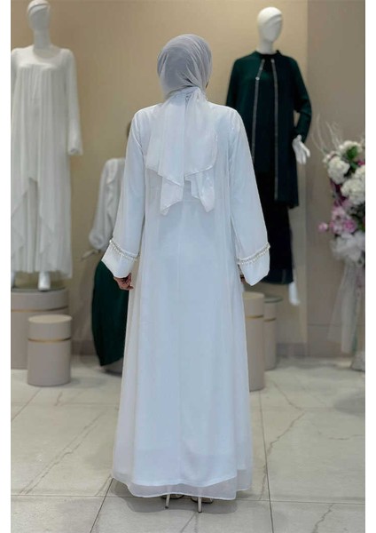 Inci Detaylı Abaya Elbise Takım 8493 Ekru