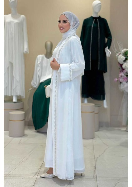 Inci Detaylı Abaya Elbise Takım 8493 Ekru