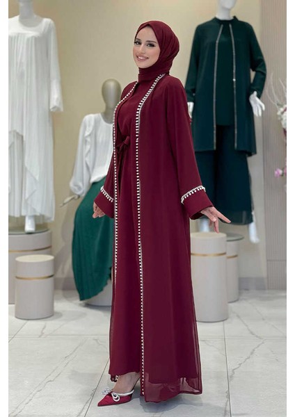 Inci Detaylı Abaya Elbise Takım 8493 Bordo