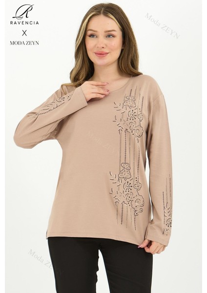 Kadın Orta Yaş ve Üzeri Viskon Şerit Desen Taşlı Işlemeli Likralı Bej Anne Penye Bluz
