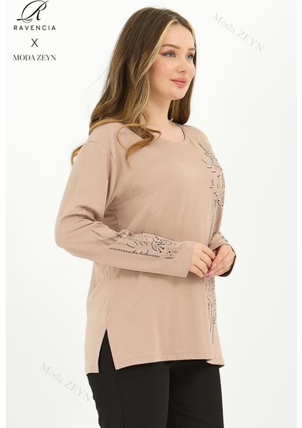 Kadın Orta Yaş ve Üzeri Viskon Şerit Desen Taşlı Işlemeli Likralı Bej Anne Penye Bluz fiyatları