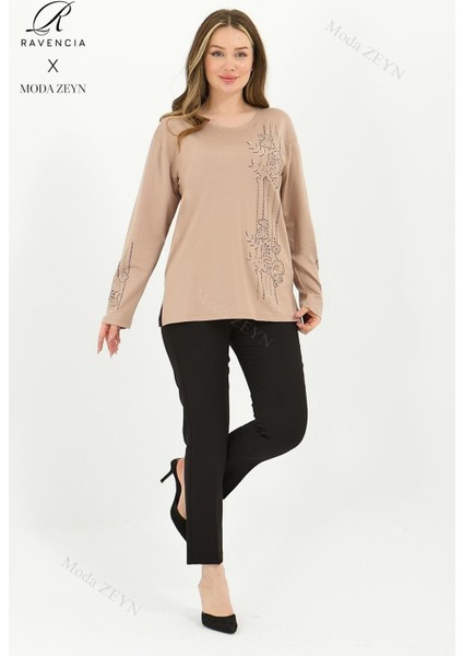 Kadın Orta Yaş ve Üzeri Viskon Şerit Desen Taşlı Işlemeli Likralı Bej Anne Penye Bluz modelleri