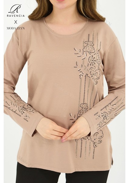 Kadın Orta Yaş ve Üzeri Viskon Şerit Desen Taşlı Işlemeli Likralı Bej Anne Penye Bluz fırsatları