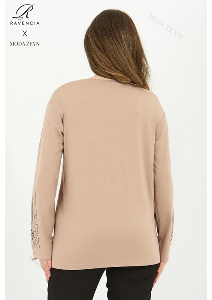Kadın Orta Yaş ve Üzeri Viskon Şerit Desen Taşlı Işlemeli Likralı Bej Anne Penye Bluz indirimleri