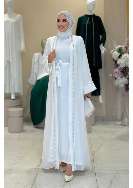 Inci Detaylı Abaya Elbise Takım 8493 Ekru