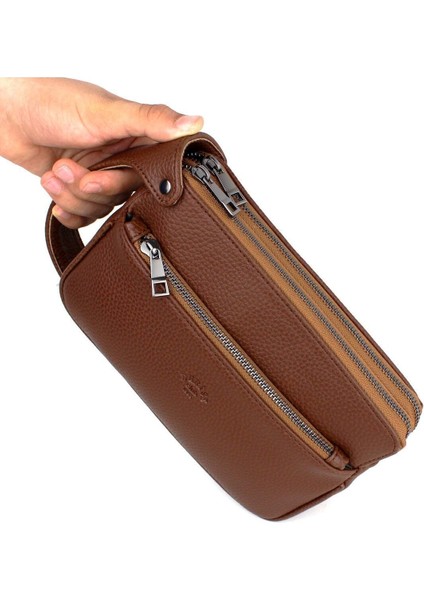 Şık Erkek Çok Bölmeli Deri Günlük Seyahat Portföyü, Taba, Orta Boy