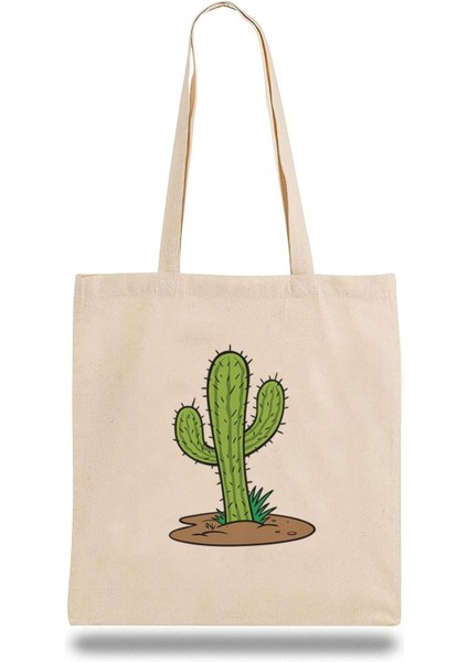 Bej Kaktüs Desenli Şık ve Hafif Günlük Çanta, Baskılı ve Kullanışlı