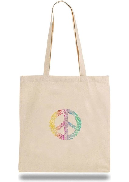 Şık Bej Bez Çanta, Hippi ve Barış Sembollü, Doğal Tasarım, Tekstil Materyal