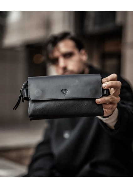 Şık ve kullanışlı erkek el çantası, orta boy, hakiki deri, siyah renk