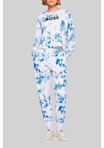 Yuvarlak Yakalı Logolu Batik Desenli Kadın Sweatshirt Lacivert